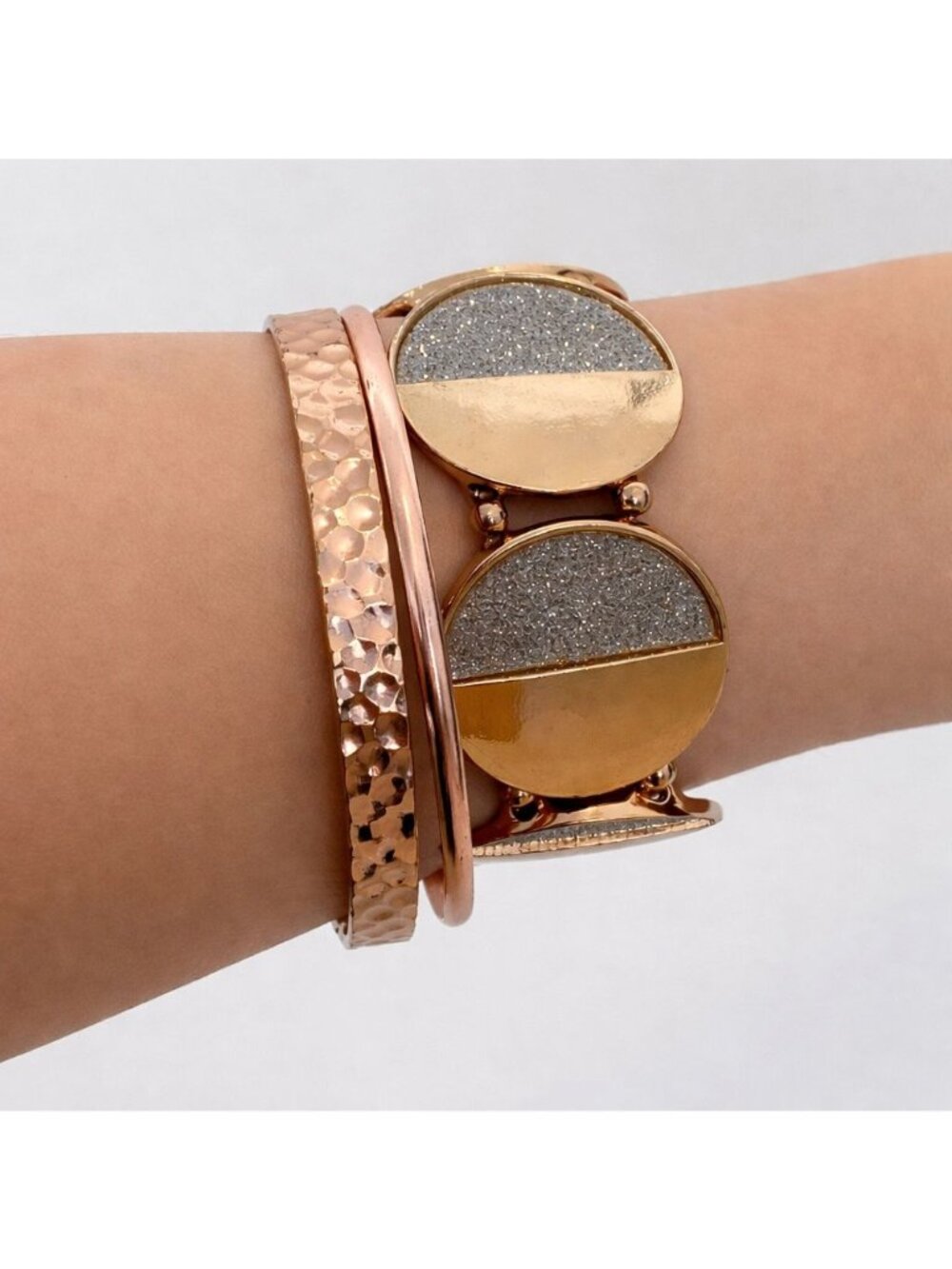 Rose Gold & Glitter Bangle Bracelet Set With Hammered & Oval Details western boh
